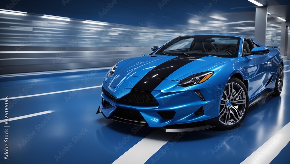 Blue convertible sports car with wing.