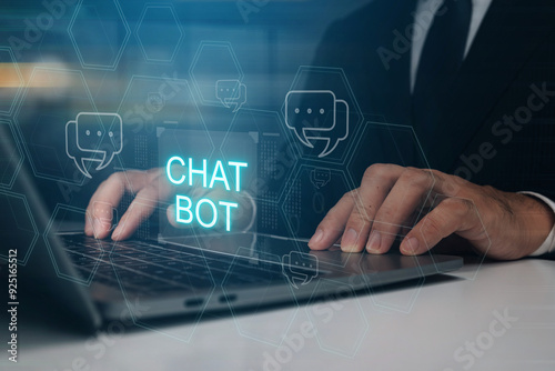 Person typing message on application talking to AI or artificial intelligence, conversation with future artificial intelligence, artificial intelligence technology, automated chatbot. ChatBot concept.