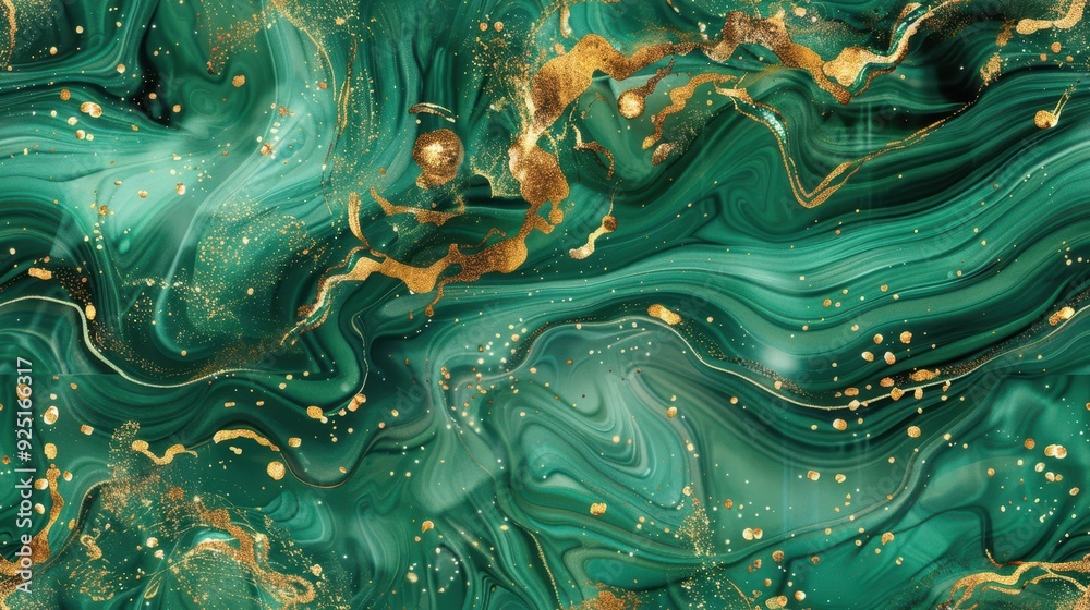 Obraz premium Seamless pattern of swirling emerald green and gold marbled textures. The rich, luxurious tones and fluid design create an opulent, sophisticated aesthetic.