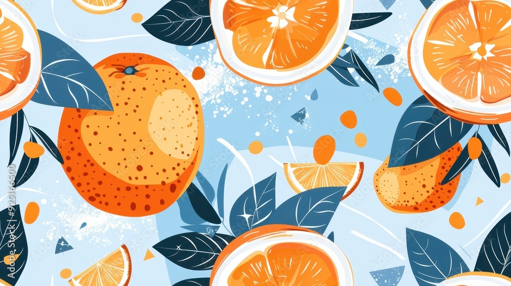 Bright and fresh seamless pattern of oranges and blossoms on a sky-blue background. Ideal for citrus-themed designs and refreshing product branding. Bright and fresh seamless pattern of oranges and blossoms on a sky-blue background. Ideal for citrus-themed designs and refreshing product branding.