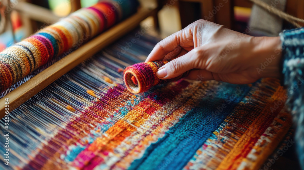 © Chatchanan - Detail of a hand weaving loom with colorful fabric being crafted by a skilled weaver © Chatchanan - Detail of a hand weaving loom with colorful fabric being crafted by a skilled weaver