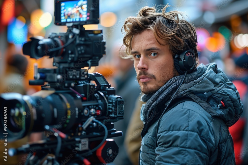 A man wearing headphones and warm clothing intensely films in an outdoor winter setting, focused on capturing the perfect shot amidst the cold environment. A man wearing headphones and warm clothing intensely films in an outdoor winter setting, focused on capturing the perfect shot amidst the cold environment.