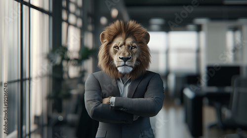 Lion Boss in Office | Boss Lion | Lion in Office | Lion Head Human | Boss working in laptop | Lion in Suit | Business man in Suit photo