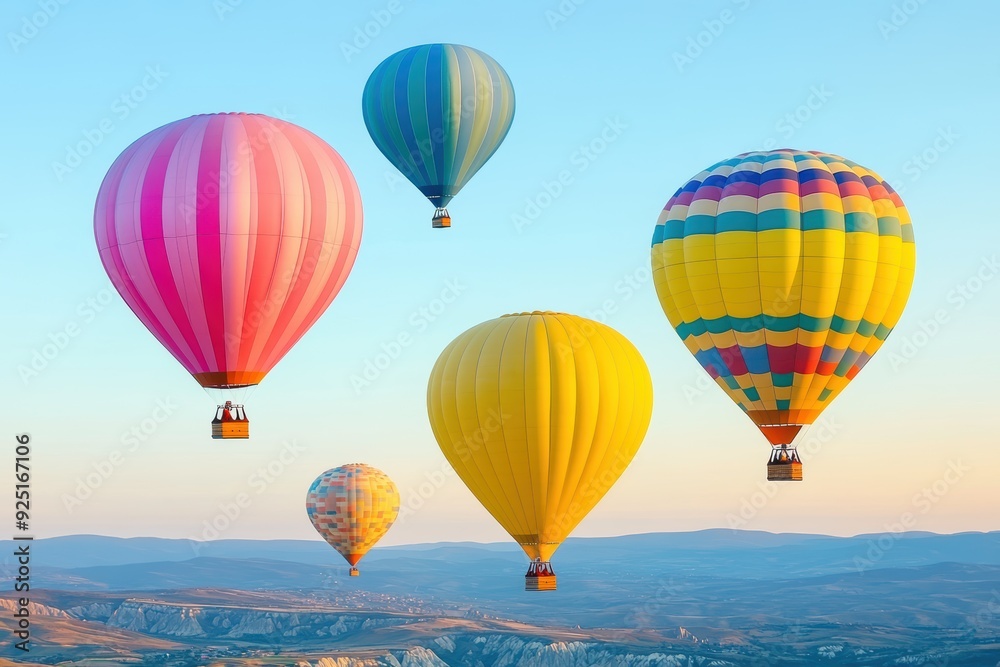 Obraz premium Colorful hot air balloons floating over a scenic landscape at sunrise, creating a serene and vibrant atmosphere.