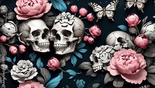 Skulls with Peonies and Butterflies
