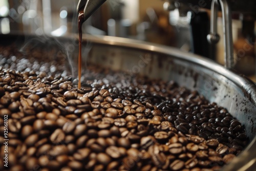 Freshly roasted coffee beans cooling down after roasting process in a modern roastery