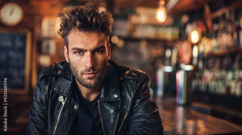 A man in a leather jacket sits in a rustic bar, staring intently, creating a raw and rugged atmosphere, filled with reflection. A man in a leather jacket sits in a rustic bar, staring intently, creating a raw and rugged atmosphere, filled with reflection.