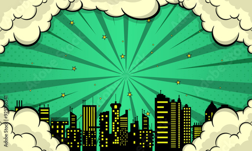 Comic Green background with city silhouette and cloud illustration