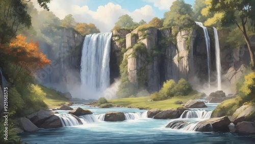 Waterfall in a Green Valley