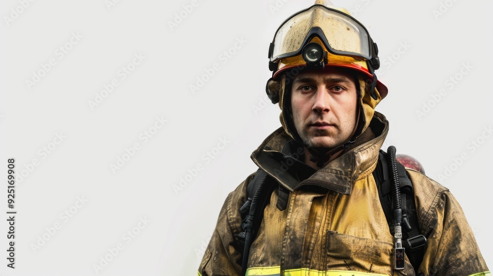 A firefighter with a neutral expression, in full rescue gear including a helmet, air tank, and uniform, symbolizing the somber and serious nature of emergency response services. A firefighter with a neutral expression, in full rescue gear including a helmet, air tank, and uniform, symbolizing the somber and serious nature of emergency response services.