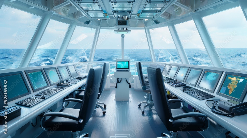 Fototapeta premium A futuristic control room with a large window overlooking the ocean