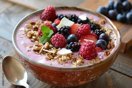 a close up of a bowl of food on a table