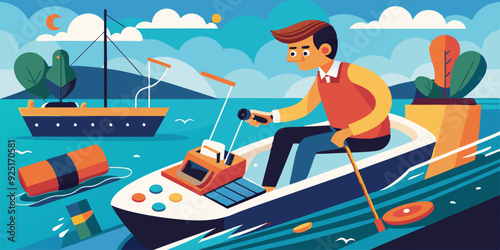 Boat trip. Recreation. The man controls the boat. Vector illustr
