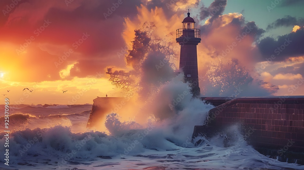 At high tide at sunset big waves slam against the lighthouses stone tower