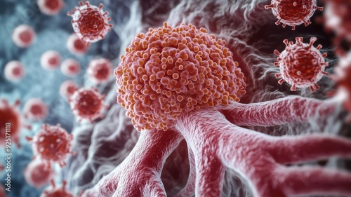 Cross-section of lung tissue with a growing tumor, cells multiplying rapidly, representing cancer progression, Lung Cancer Development, Cellular biology photo