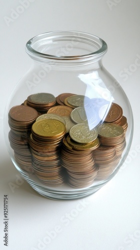 A shimmering glass globe atop a gleaming stack of coins, capturing wealth and aspiration against a minimalist white backdrop