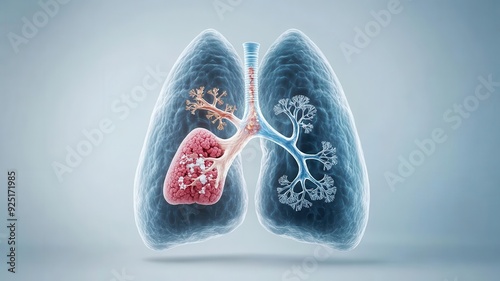 Split-screen image of a healthy lung and a lung with cancer, showing clear versus obstructed airways, respiratory health awareness