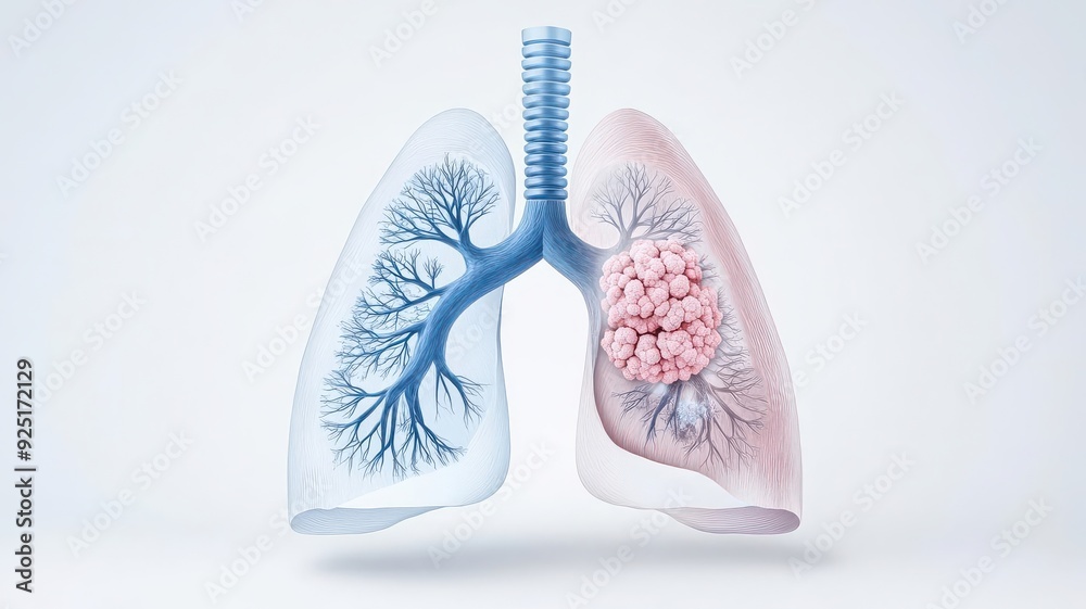 Visual comparison of healthy lung vs cancerous lung, one side clear, the other with nodules and discoloration, Lung Cancer Impact, Comparative anatomy Visual comparison of healthy lung vs cancerous lung, one side clear, the other with nodules and discoloration, Lung Cancer Impact, Comparative anatomy