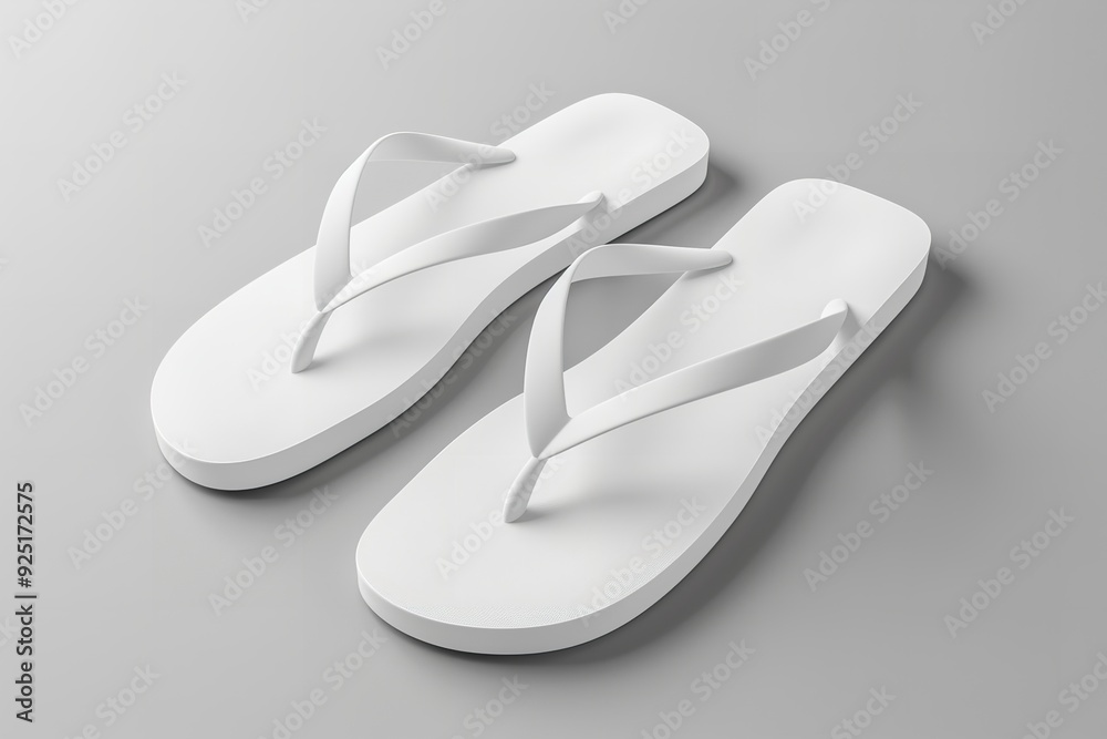 A 3D graphic shows an isolated side view of a mockup of blank white beach footwear. These empty rubber flip-flop sandals are perfect for summertime, Generative AI. A 3D graphic shows an isolated side view of a mockup of blank white beach footwear. These empty rubber flip-flop sandals are perfect for summertime, Generative AI.