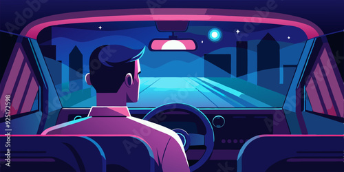 Man driving a car rear view. Trip late at night. Vector illustration
