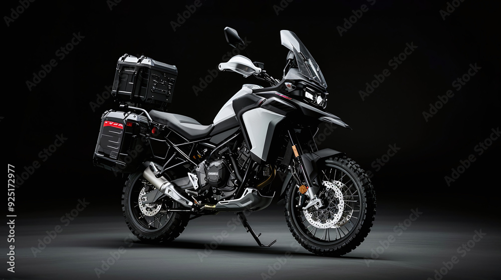 an adventure touring motorcycle, with rugged tires and sturdy frame, black background, professional studio photography an adventure touring motorcycle, with rugged tires and sturdy frame, black background, professional studio photography