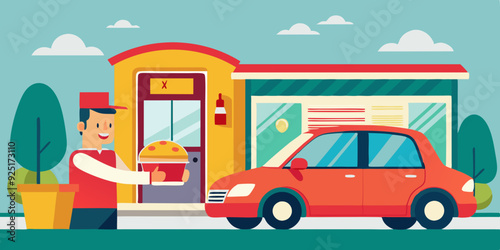 Drive thru. Man drives up to a fast food cafe and picks up his order. Vector illustration
