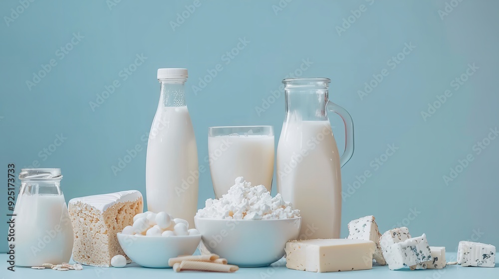 A light table with a blue backdrop displays milk, yogurt, cottage cheese, cheese, and butter. Different dairy products seen from the side, Generative AI. A light table with a blue backdrop displays milk, yogurt, cottage cheese, cheese, and butter. Different dairy products seen from the side, Generative AI.