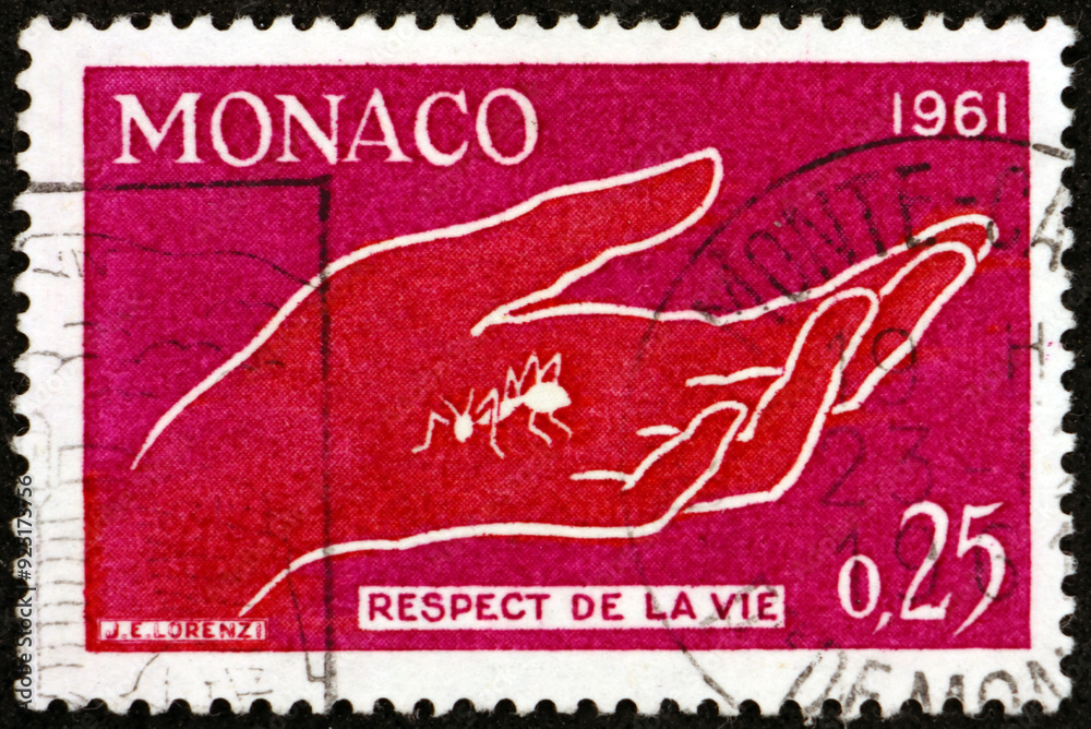 Postage stamp Monaco 1961 hand and ant, respect for life