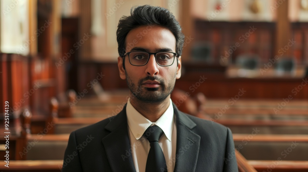 A man wearing a suit and glasses stands in a courtroom, representing the seriousness and dedication of the legal profession. A man wearing a suit and glasses stands in a courtroom, representing the seriousness and dedication of the legal profession.