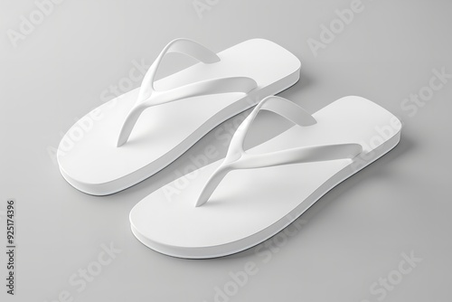 A set of white beach slippers without any design, mockup, clipping path, and 3D illustration. Simple flip flops at home mock up template. lucid display of bath shoes, Generative AI.