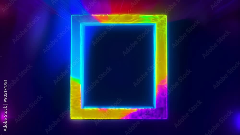 Video of glowing neon square frame with colorful gradient, set against dark, abstract background. modern digital art, technology, vibrant intersection of light and color Video of glowing neon square frame with colorful gradient, set against dark, abstract background. modern digital art, technology, vibrant intersection of light and color