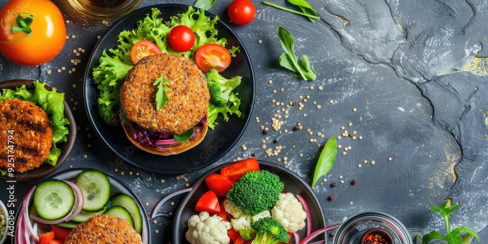 Top view of vegan burgers with quinoa broccoli and cauliflower served with salad on a gray table Ideal for a vegan healthy lunch or dinner Top view of vegan burgers with quinoa broccoli and cauliflower served with salad on a gray table Ideal for a vegan healthy lunch or dinner
