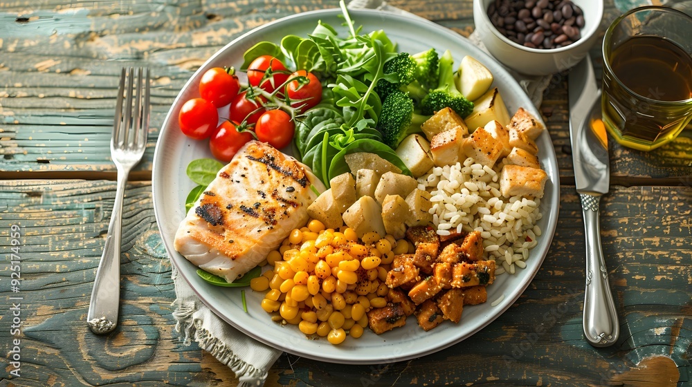 Serene Setting with Balanced Meal Promoting Mindful Eating and a Healthy Lifestyle Serene Setting with Balanced Meal Promoting Mindful Eating and a Healthy Lifestyle