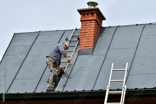 A  chimneyer climbs a ladder to the roof to repair a chimney