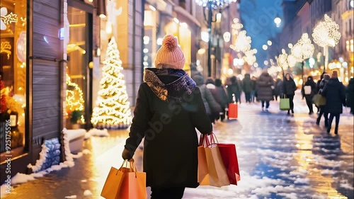 A person strolls down a festive street, carrying shopping bags amidst holiday decorations and twinkling lights in a winter evening atmosphere