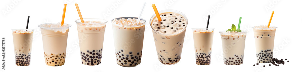 A line of delicious bubble teas, showcasing various flavors and toppings in clear cups with colorful straws, perfect for summer.