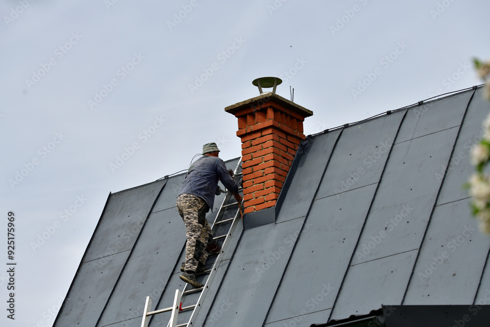 The roof roofer climbs up the ladder to the roof of the house to fix sheet metal roof
