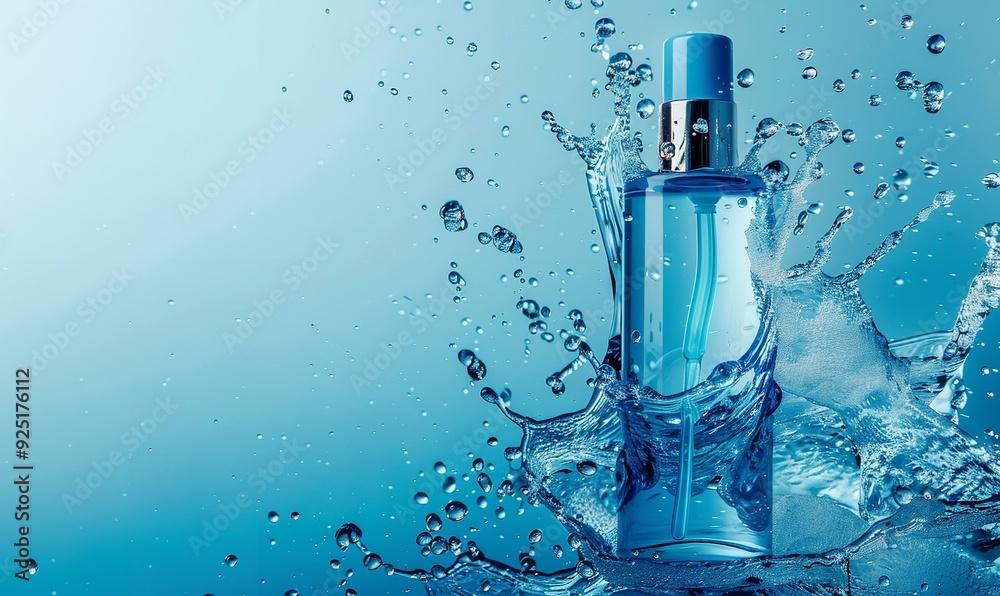 Advertizing cosmetics products with a water splash design on a blue backdrop, Generative AI. Advertizing cosmetics products with a water splash design on a blue backdrop, Generative AI.