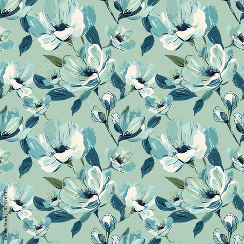 Seamless pattern of large turquoise flowers with leaves on a light green background, made in a simple and elegant style