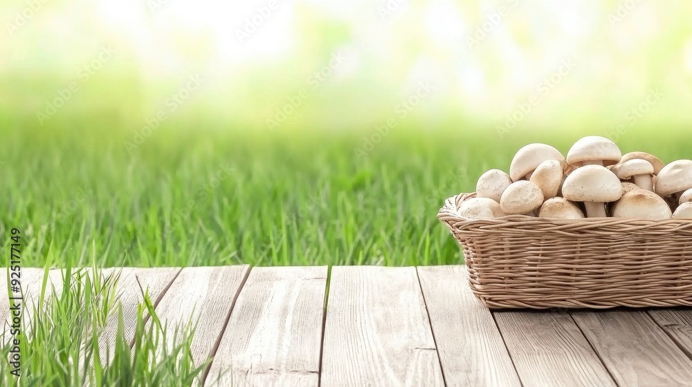 A rustic basket brimming with wild mushrooms on a wooden table, captured in soft natural light for an artistic culinary display A rustic basket brimming with wild mushrooms on a wooden table, captured in soft natural light for an artistic culinary display