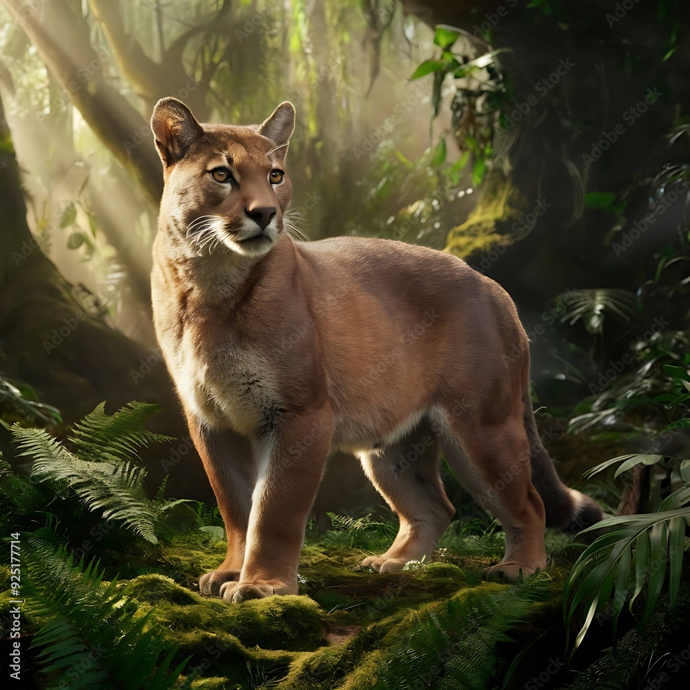 Fototapeta premium A mountain lion is among the plants in the forest.