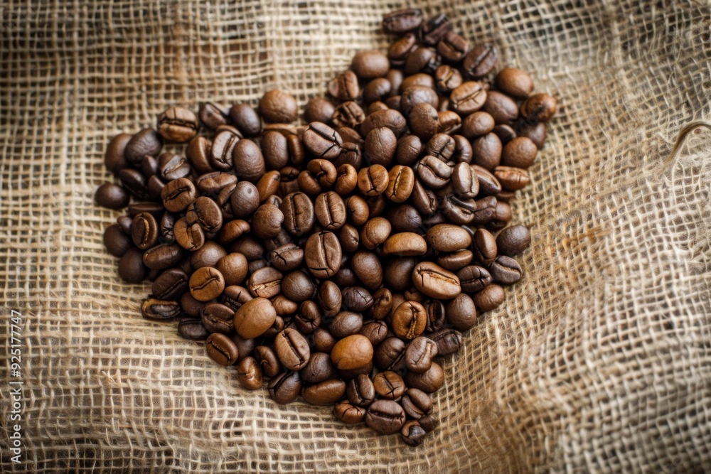 Roasted coffee beans forming a heart shape are laying on a burlap background Roasted coffee beans forming a heart shape are laying on a burlap background