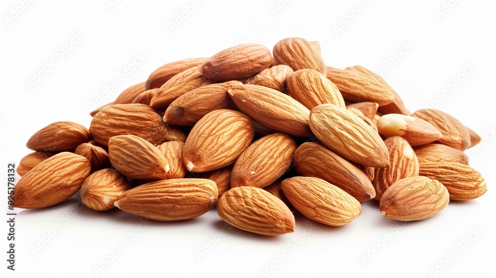 An isolated white background with a heap of almond nuts, Generative AI. An isolated white background with a heap of almond nuts, Generative AI.