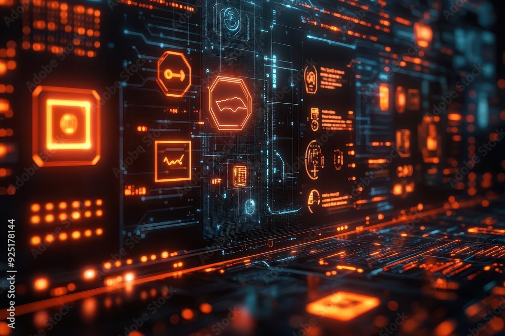 futuristic banking interface with neon icons representing secure transactions biometric scanning and data encryption floating in a sleek digital space futuristic banking interface with neon icons representing secure transactions biometric scanning and data encryption floating in a sleek digital space