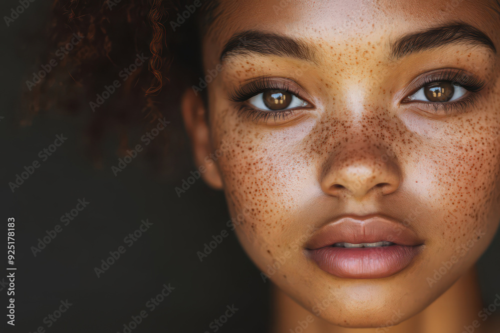 Close-up portrait of a young African American woman with freckles, red curly hair, and dark brown eyes Close-up portrait of a young African American woman with freckles, red curly hair, and dark brown eyes