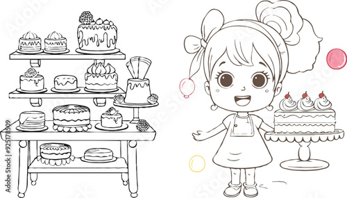 coloring page simple drawing of cartoon character in the cake shop, coloring book 