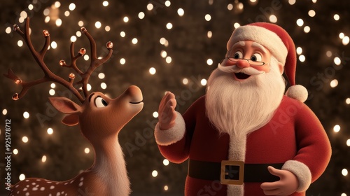 Santa Claus and a reindeer enjoying a festive moment together, surrounded by glowing lights, symbolizing friendship and holiday cheer.