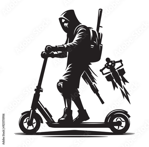 Two wheeled Kick scooter with Raider silhouette vector illustration