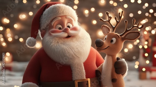 Santa Claus and a reindeer share a heartwarming moment under the soft glow of festive lights, creating a warm and magical Christmas atmosphere.