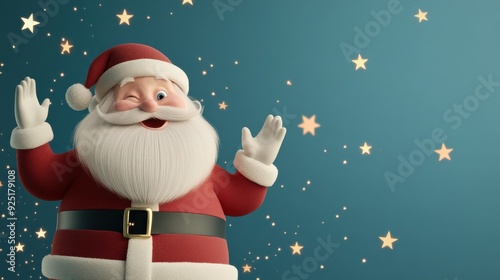 Santa Claus winks playfully while waving under a starry Christmas sky, adding a touch of whimsy to the festive season.